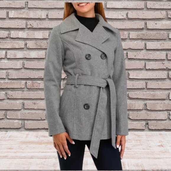 Classic Lines Heather Grey Double Breast Tie Waist Belt Fully Lined Pea Coat - Picture 8 of 11